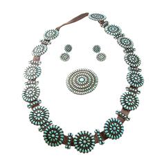 Retro Early Sterling Silver Zuni Collection Of Turquoise Medallion Belt, Earrings And 