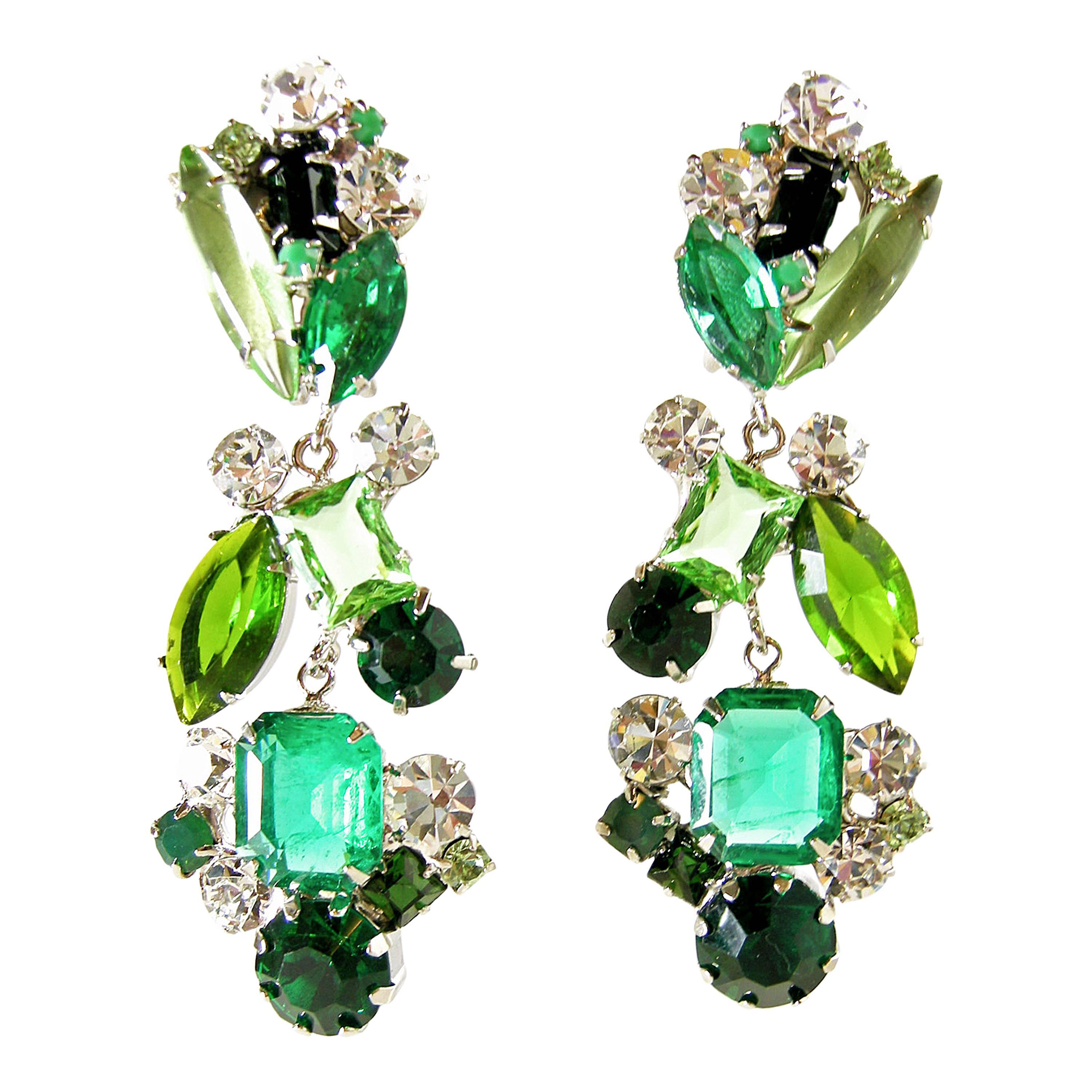 “One-of-a-Kind” Signed Robert Sorrell Green & Clear Crystal Dangling Earrings