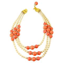 Robert Sorrell “One-of-a-Kind” 3 strand Faux Coral, Pearls And Crystal Necklace