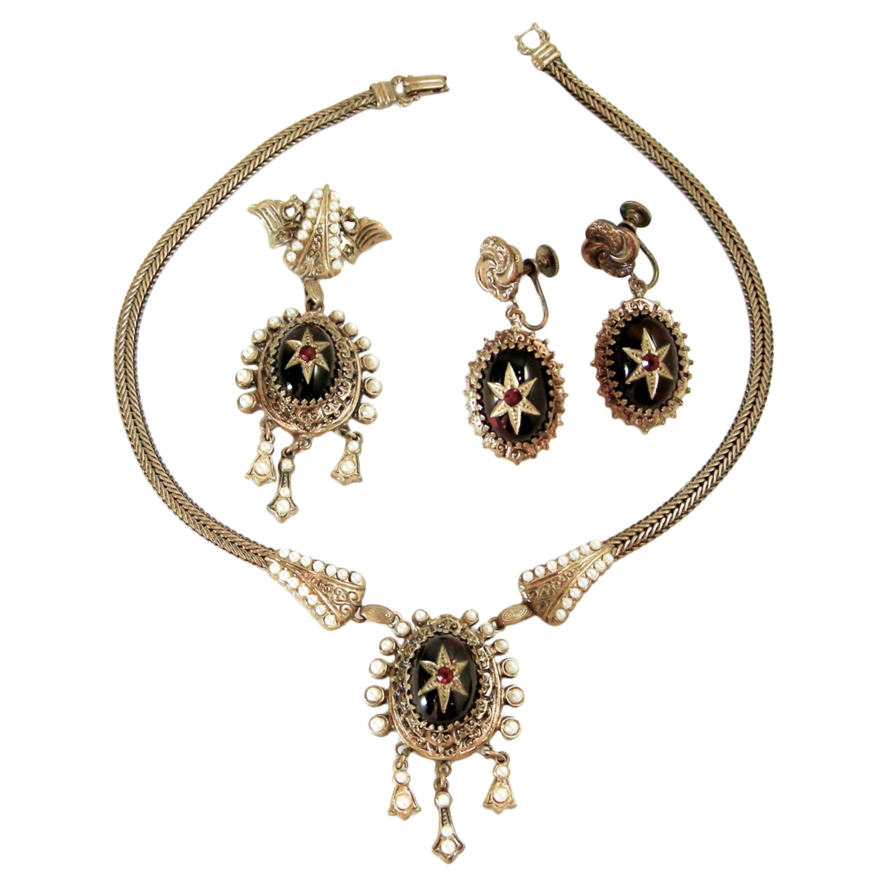 Vintage Art Deco Czech Pendant Necklace, Earrings & Brooch Pin