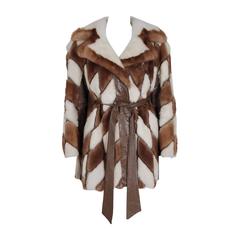 1960's Gorgeous Ivory-White & Brown Patchwork Mink-Fur Leather Belted Jacket 