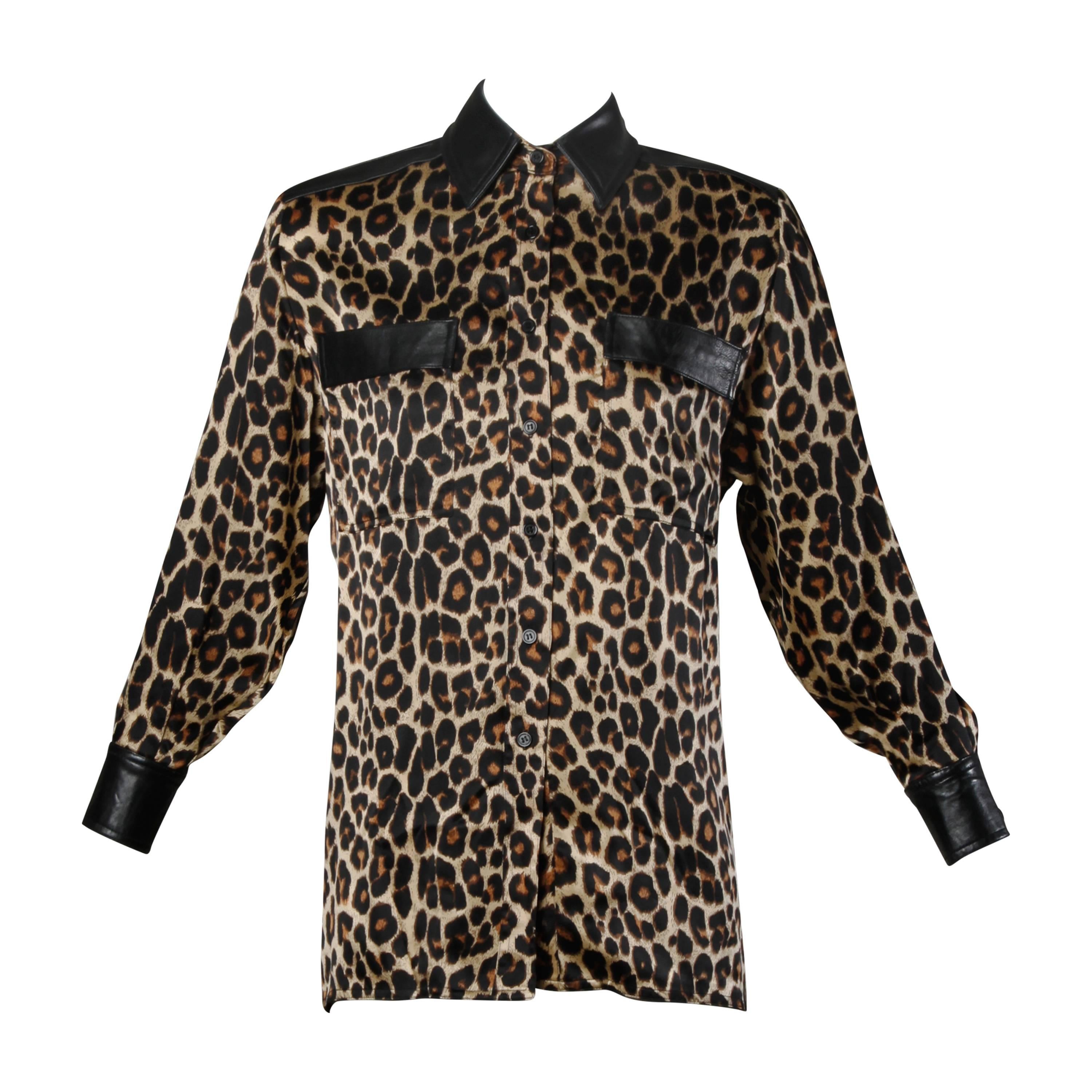 Lillie Rubin Vintage-Bluse aus Seide mit Leopardenmuster und Lederbesatz