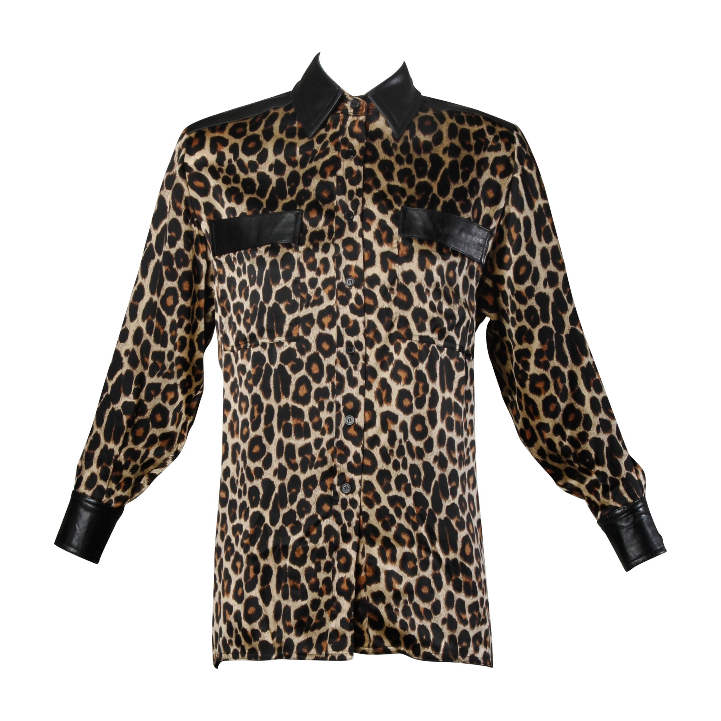 Lillie Rubin Vintage Silk Leopard Print Blouse with Leather Trim