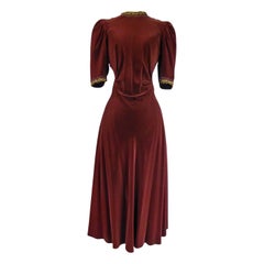 Retro A French Couture Beaded Chocolate Velvet Dress Circa 1940-1950