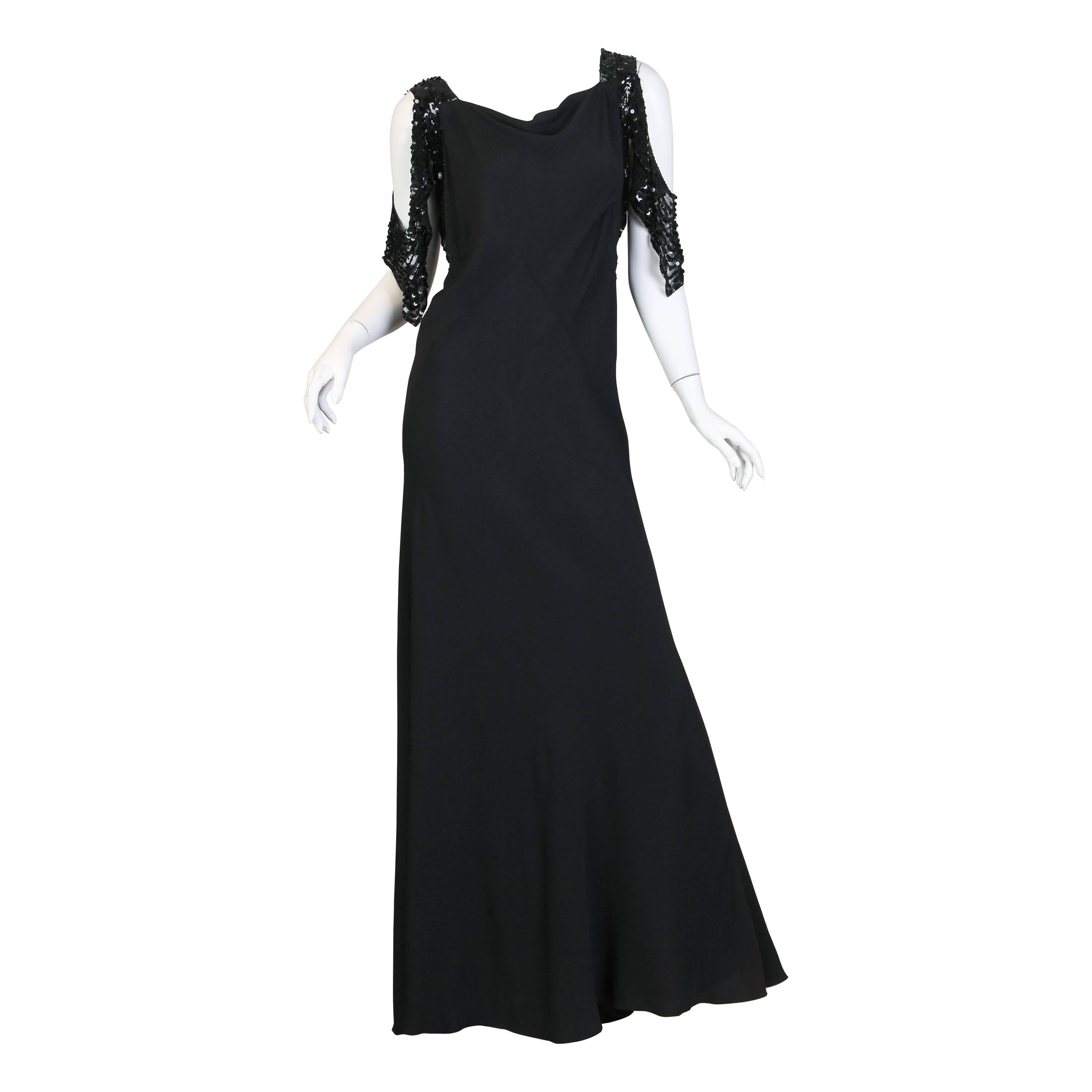 1930S Black Bias Cut Rayon Crepe Gown With Celluloid Sequin Peek-A-Boo Sleeves For Sale
