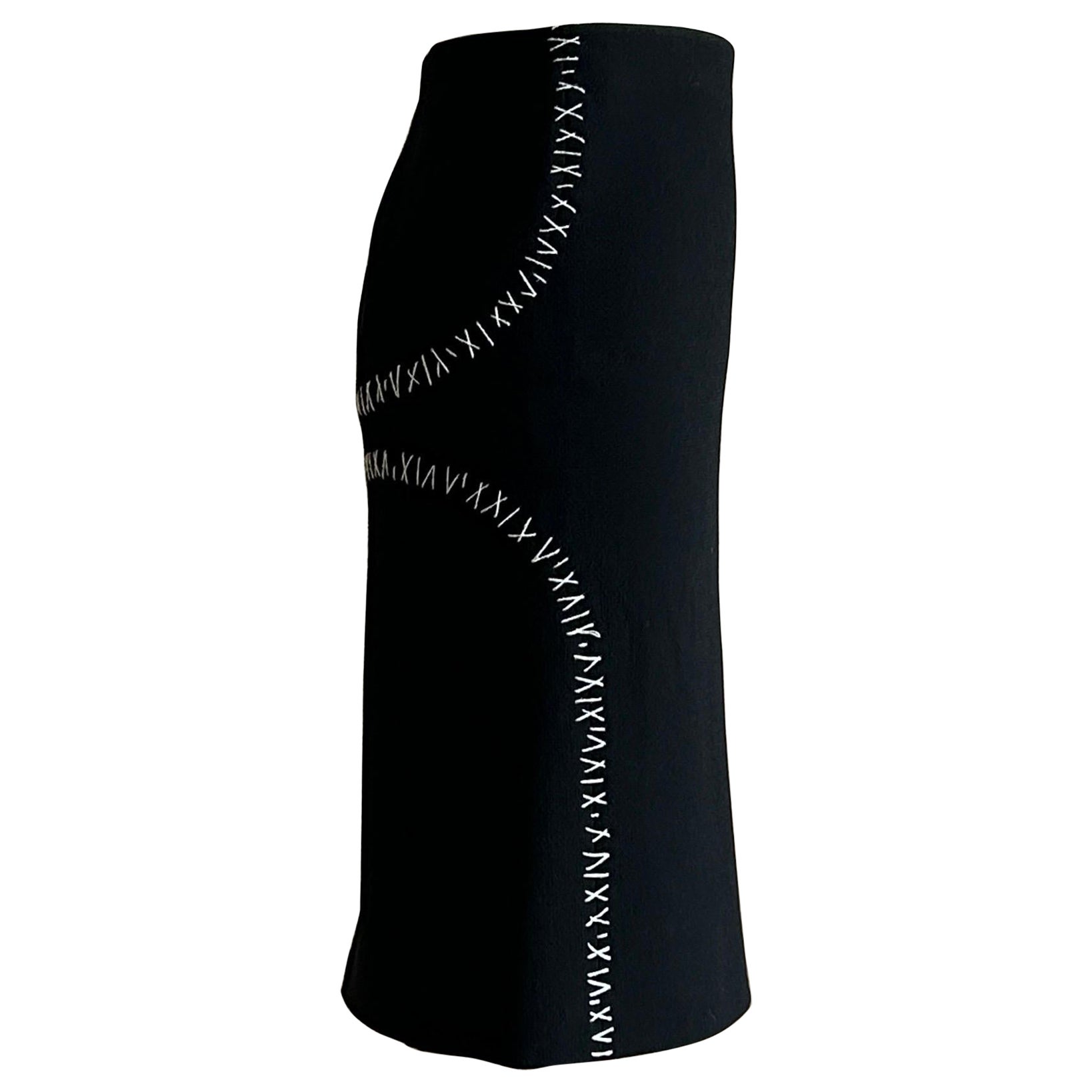 Alexander Mcqueen 2004 Black With White Accent Stitch Pencil Skirt  For Sale