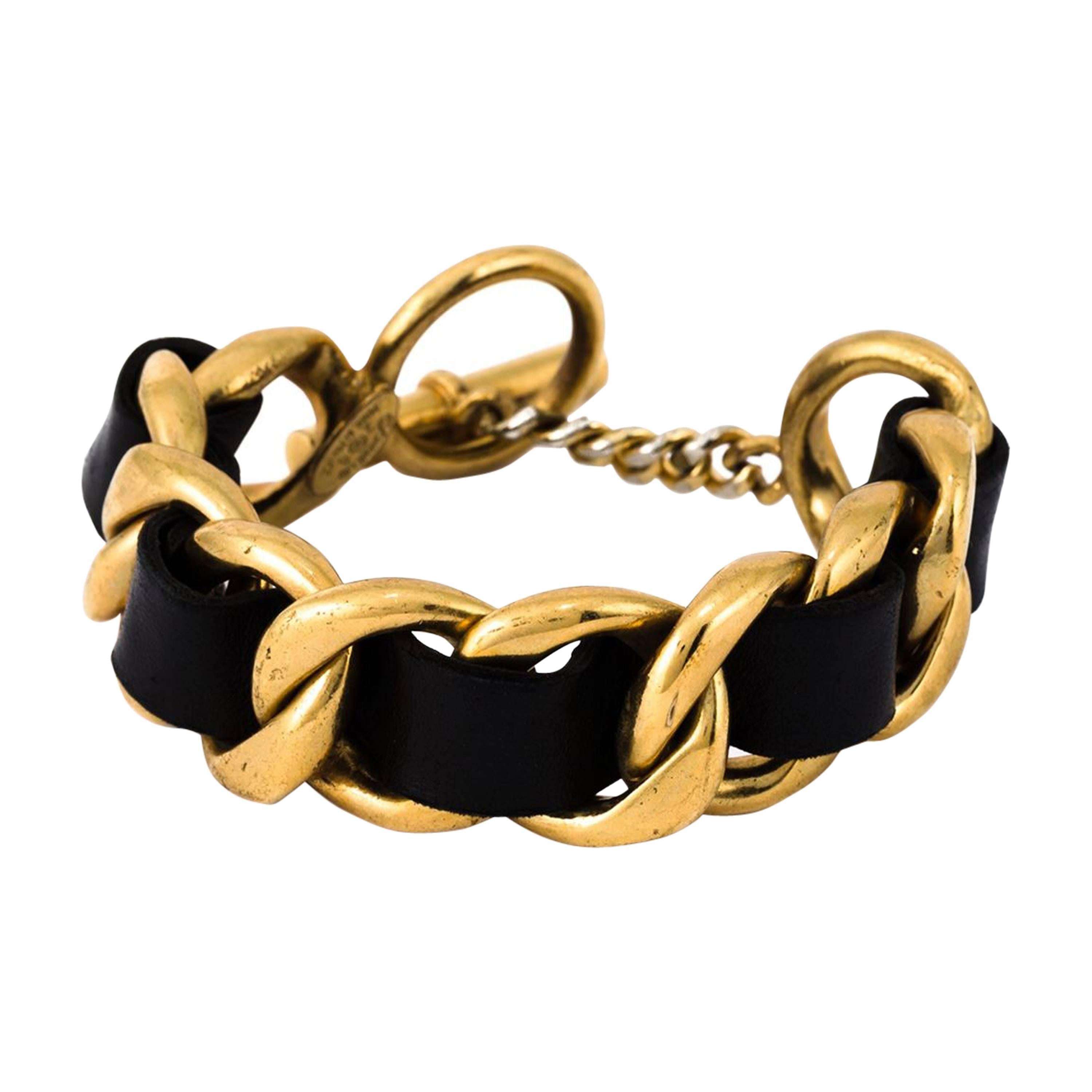 Chanel Gold Leather Chain Bracelet