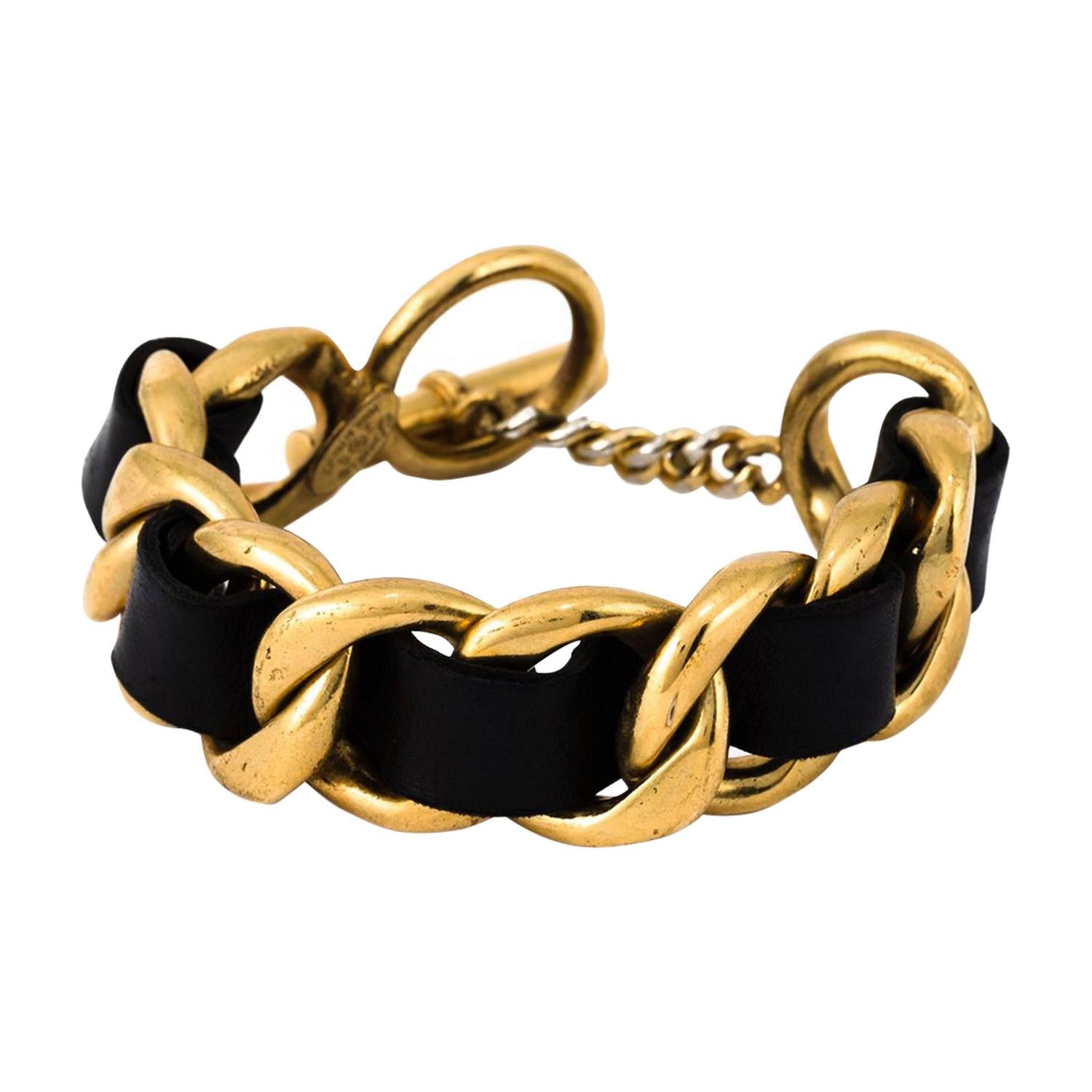 Chanel Gold Leather Chain Bracelet For Sale at 1stdibs