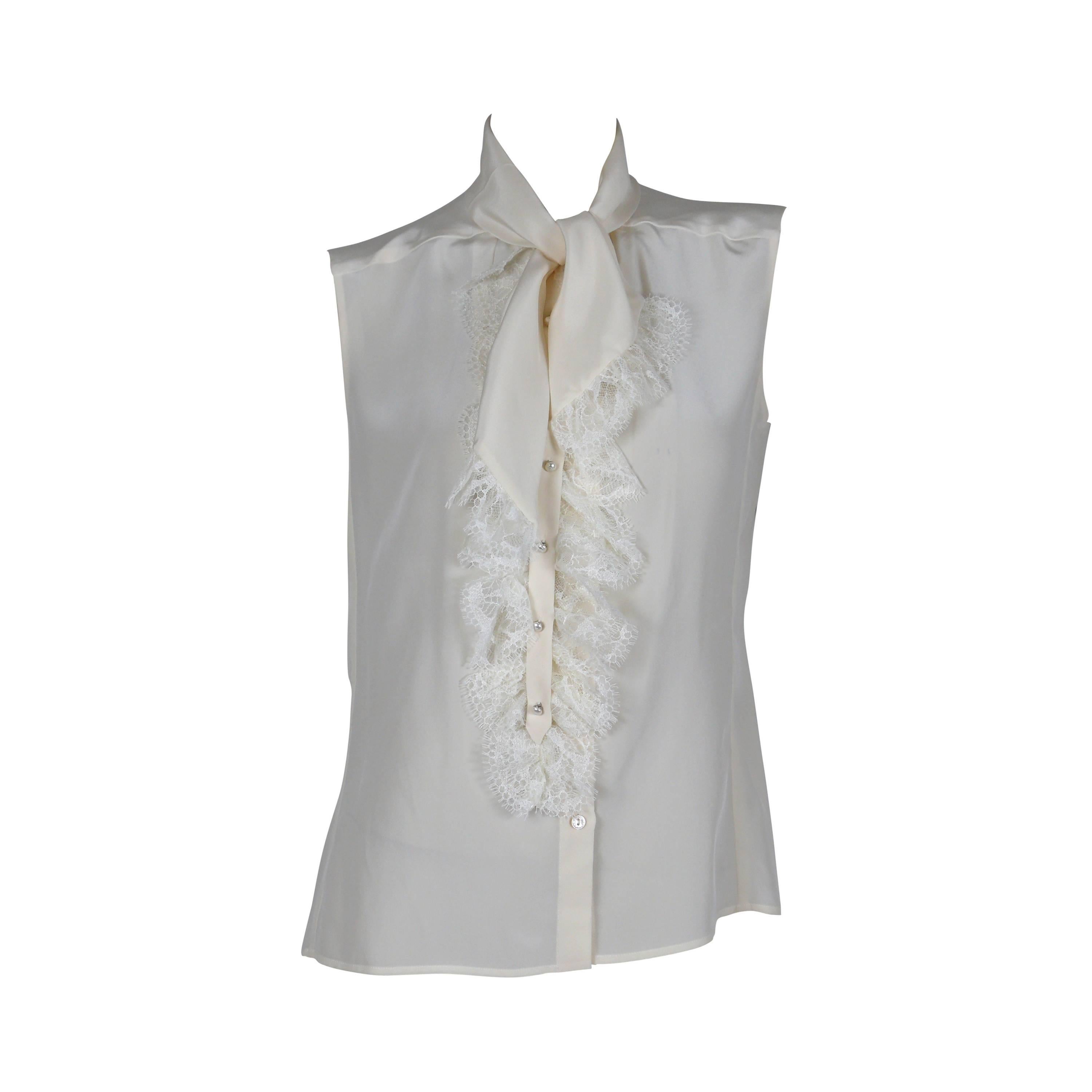Chanel Off-White Sleeveless Silk Blouse with Lace Jabot Detail Fall 2004