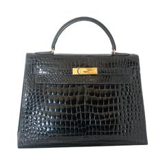 Hermes Vintage Black Alligator 32cm Kelly Handbag - GHW - Circa 90