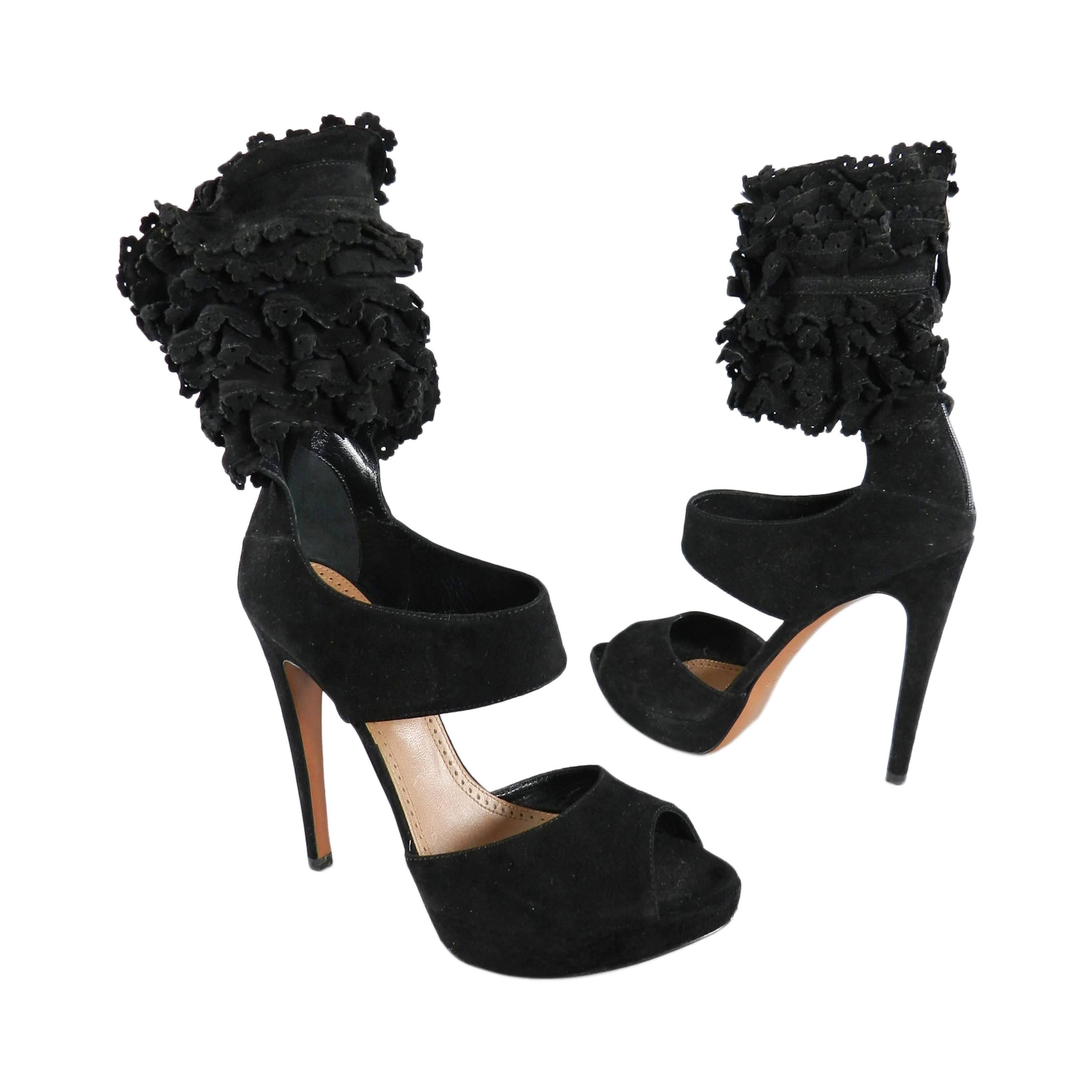 Alaia Black Suede Ruffle Ankle Heels - size 41