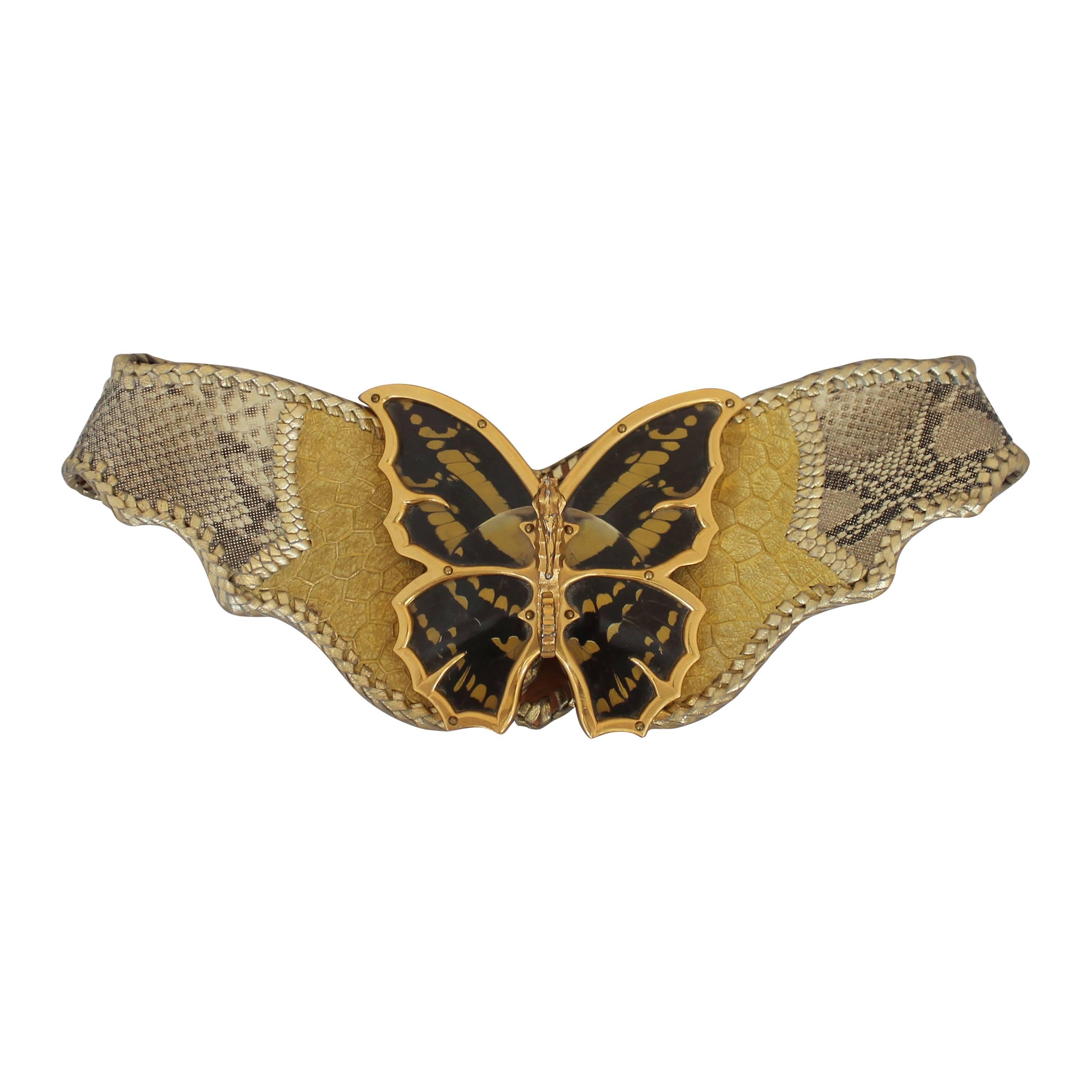 Cesar Ugarte Vintage Gold Python Belt with Brass Butterfly Buckle - cc 1980's