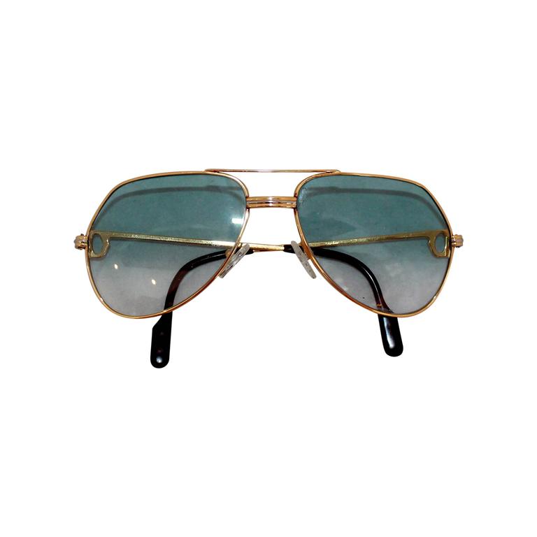 Cartier Gold Rimmed Aviator-Style Sunglasses w/ Blue Faded Lenses at ...