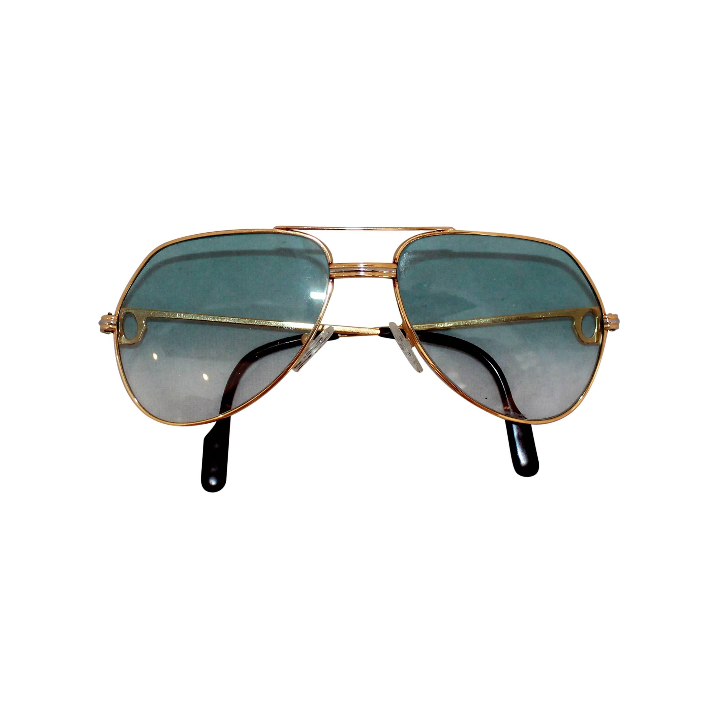 Cartier Gold Rimmed Aviator-Style Sunglasses w/ Blue Faded Lenses
