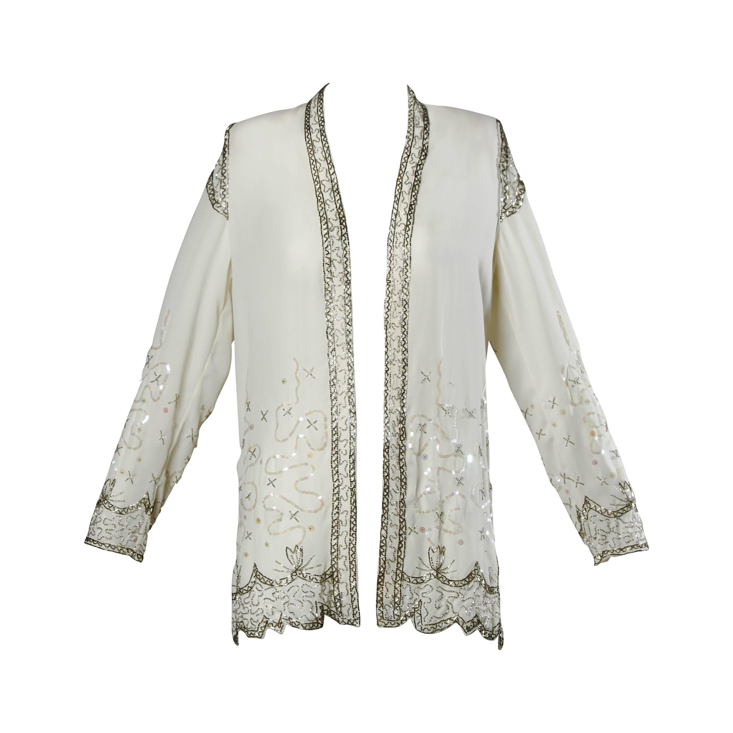 Ungetragene Fabrice Vintage Pailletten + Perlen Flapper Kimono Jacke oder Staubmantel im Angebot