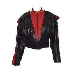 Claude Montana Black and Red Laser Cut Leather Bomber Jacket 