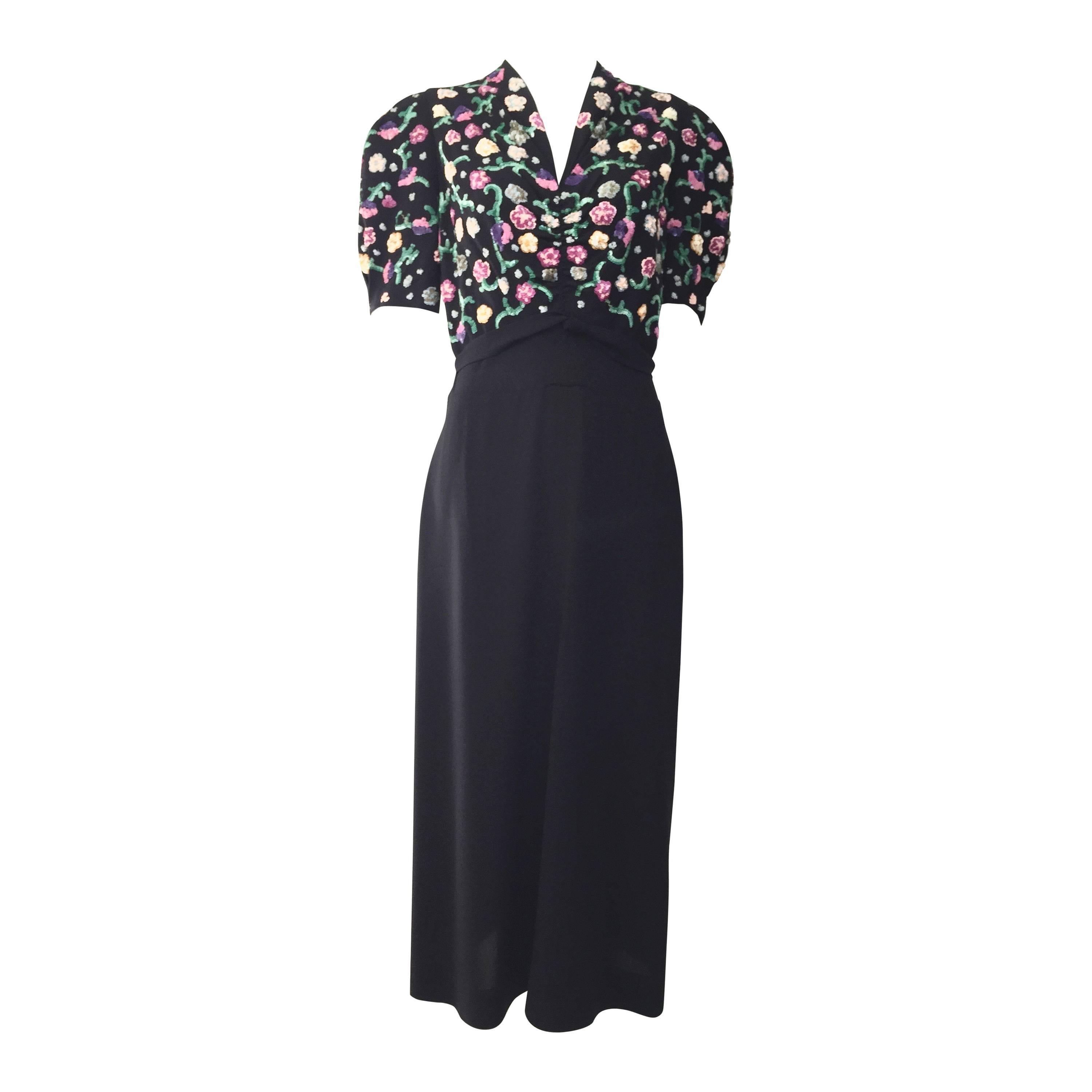 1940s Black crepe dress with multi color floral sequins