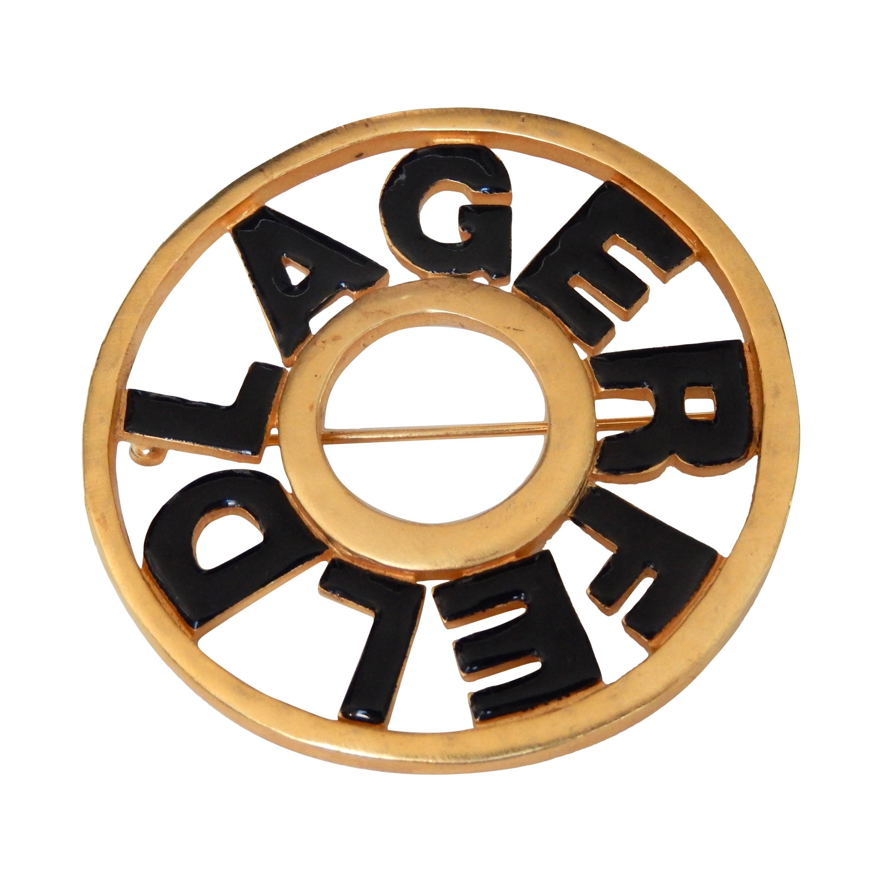 1980s Karl Lagerfeld Signature Gold Tone and Enamel Brooch For Sale
