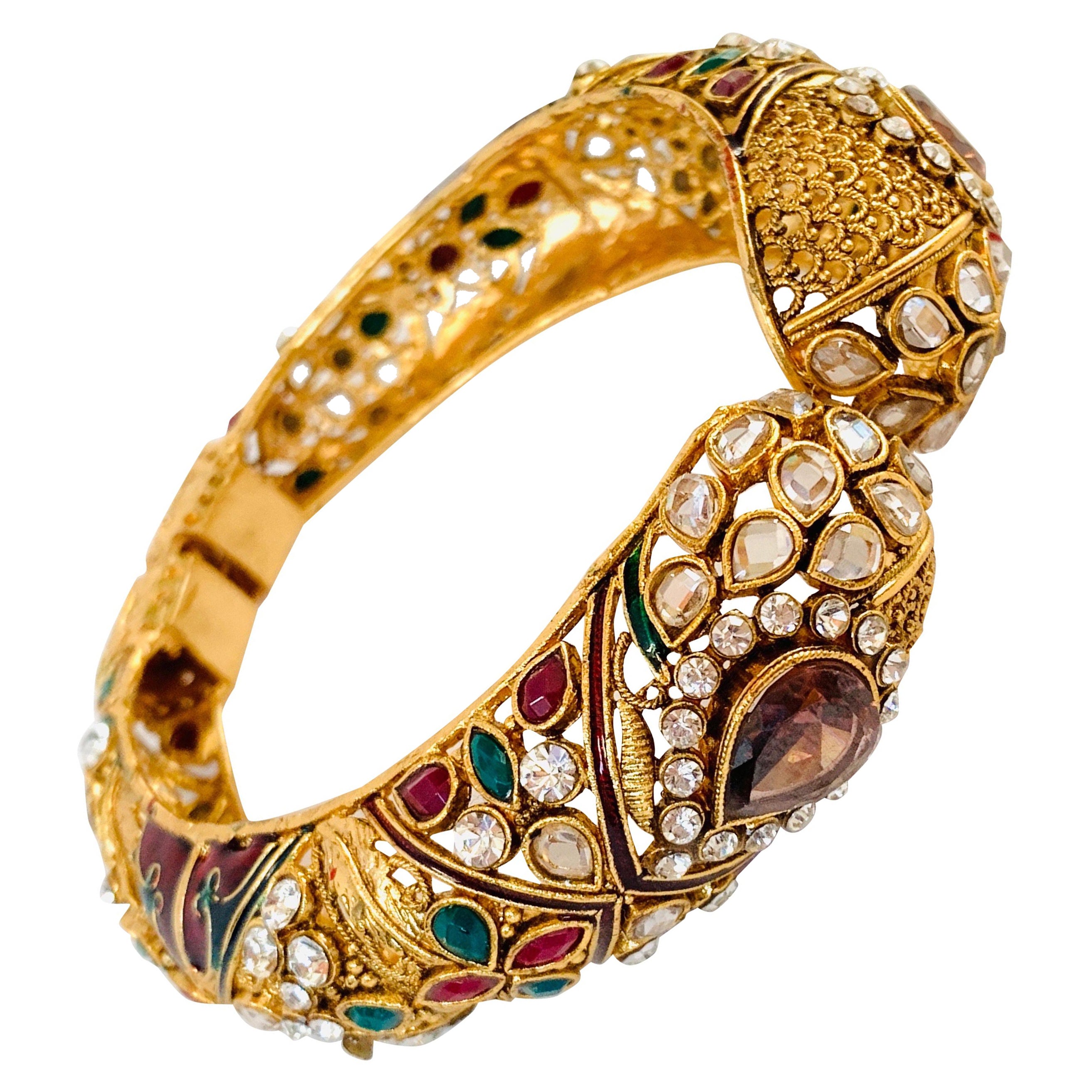 Filigree Faux Tourmaline Ornate Gold Bangle Bracelet  For Sale