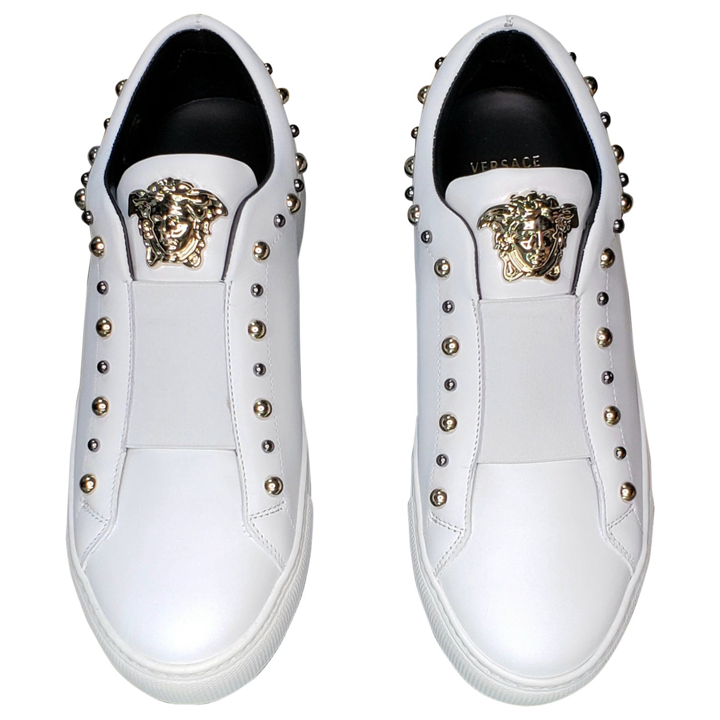 VERSACE white leather SIGNATURE MEDUSA studded shoes at 1stDibs