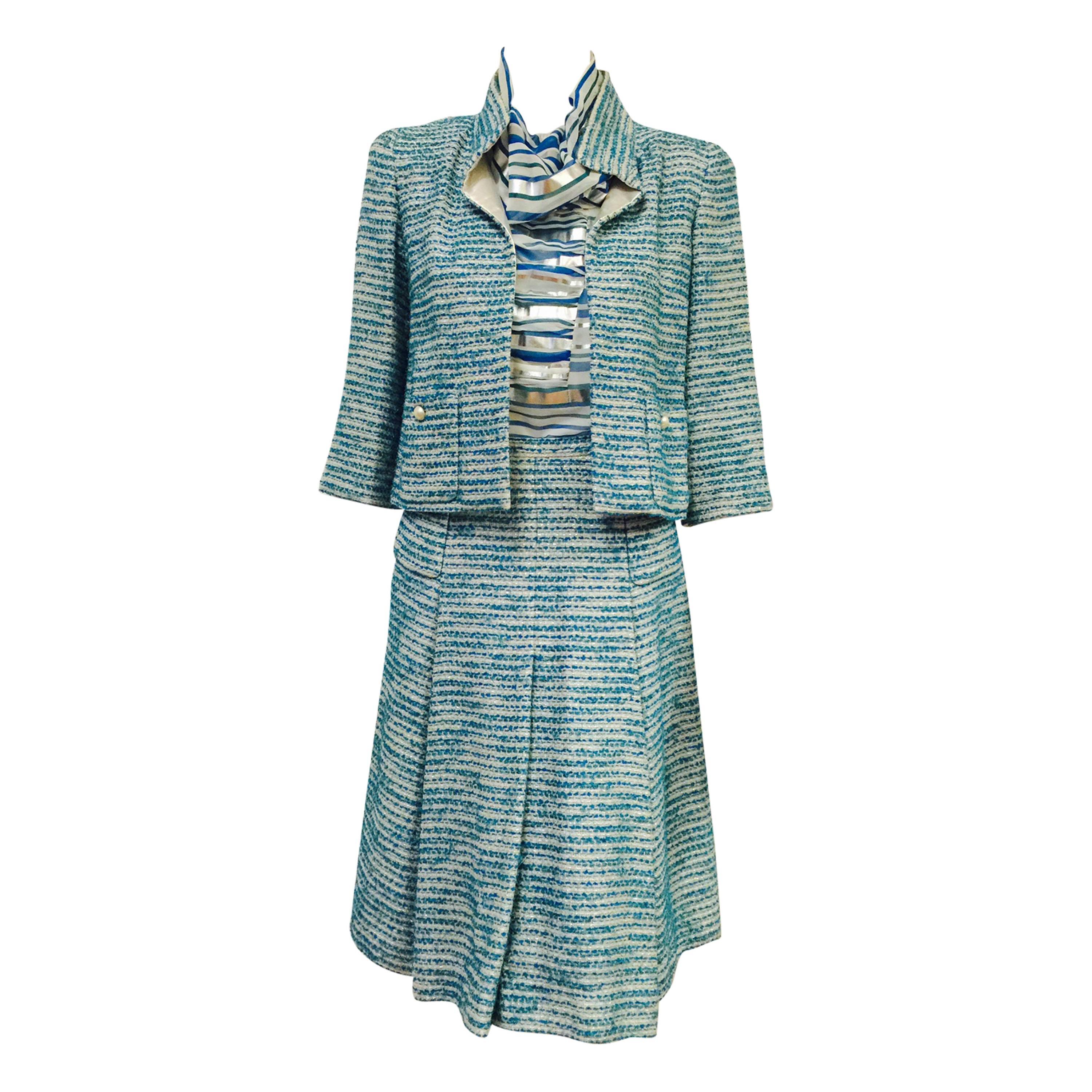Chanel Spring 2001 Teal and Metallic Silver Tweed 3-Piece Ensemble  