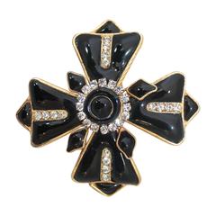 Chanel 1970's Goldtone Black Maltese Cross Brooch with Rhinestones 