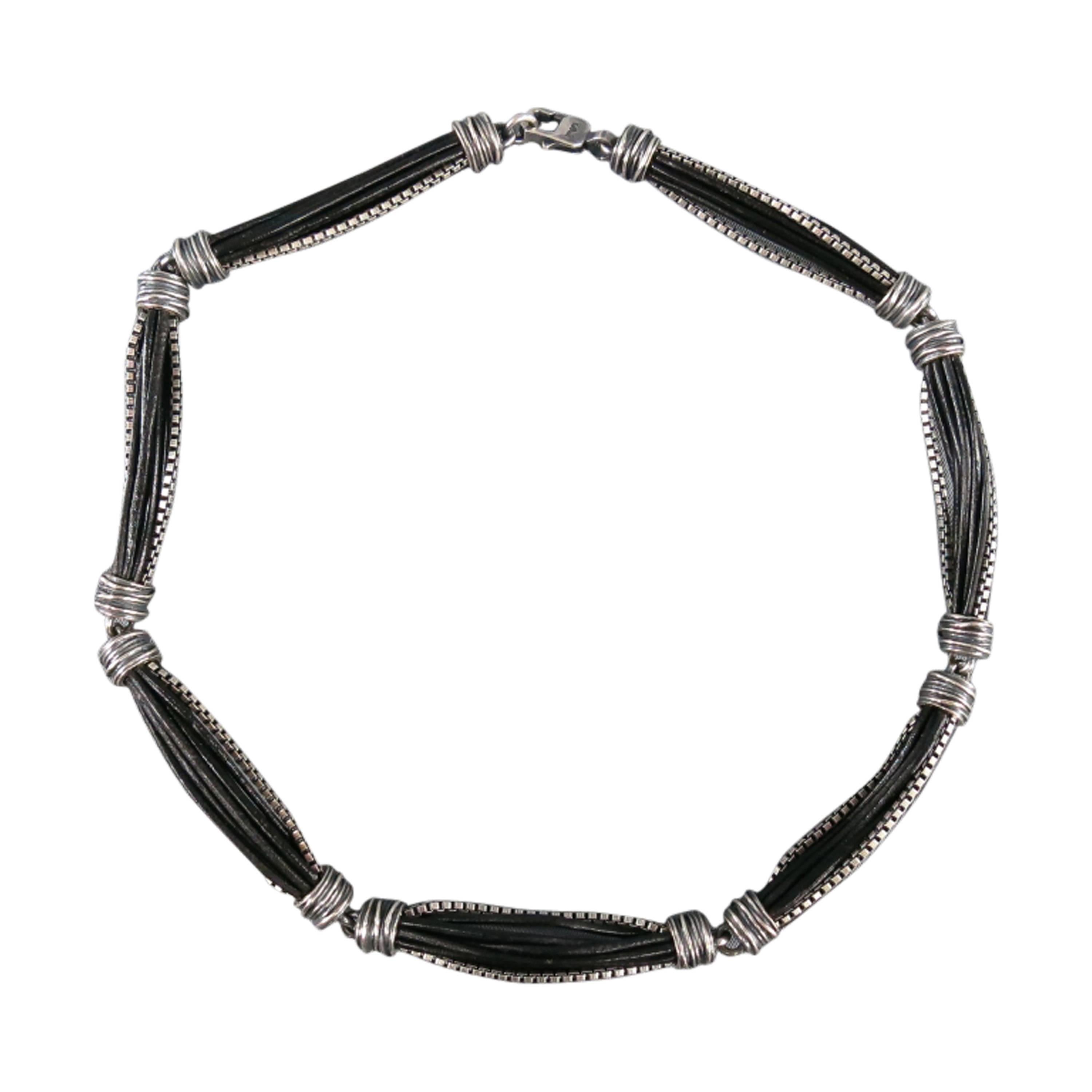 EMPORIO ARMANI Necklace Silver & Black Sterling Silver Leather Chain