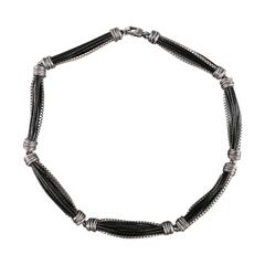 EMPORIO ARMANI Necklace Silver & Black Sterling Silver Leather Chain