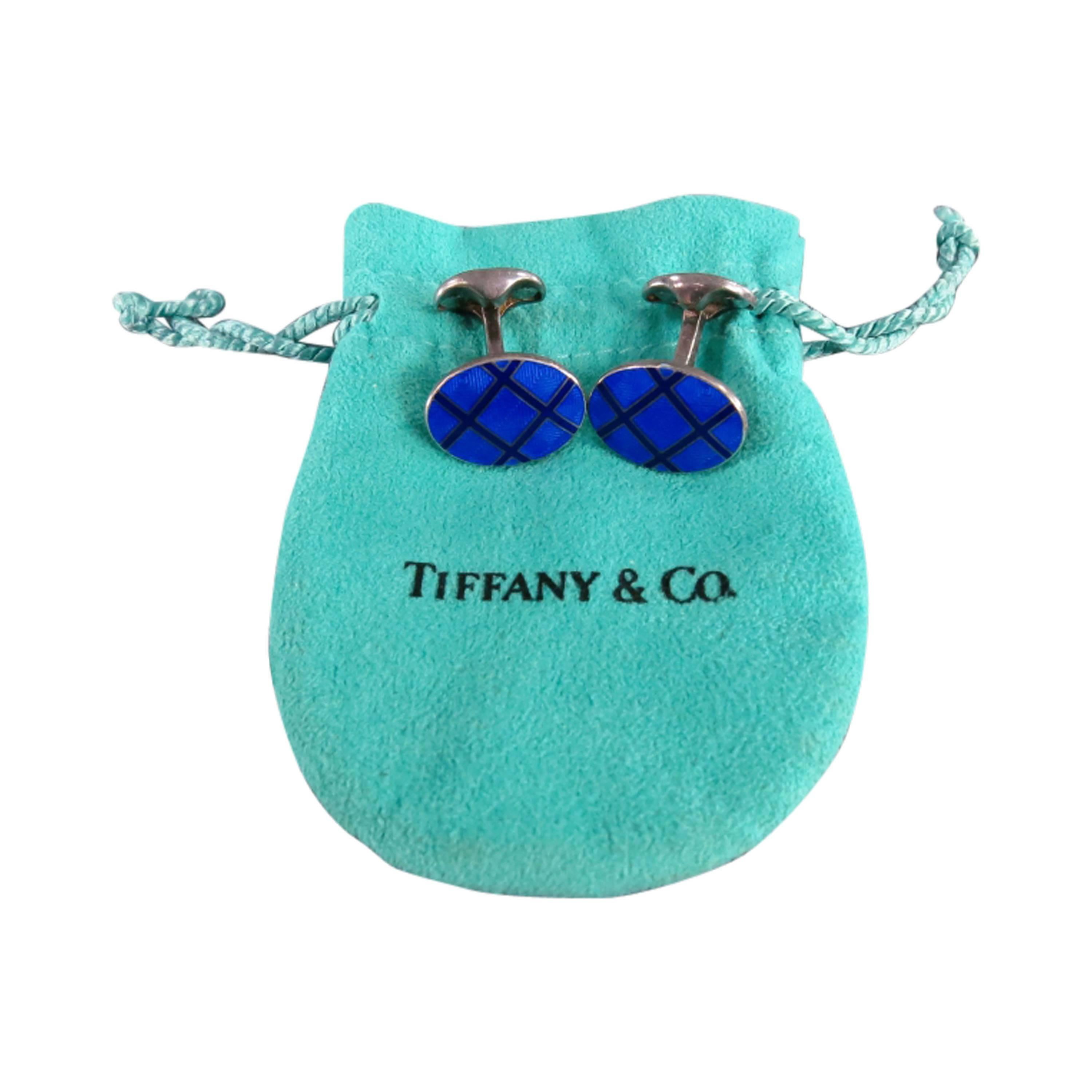 TIFFANY & CO. Blue Sterling Silver Oval Stripe Cuff Links