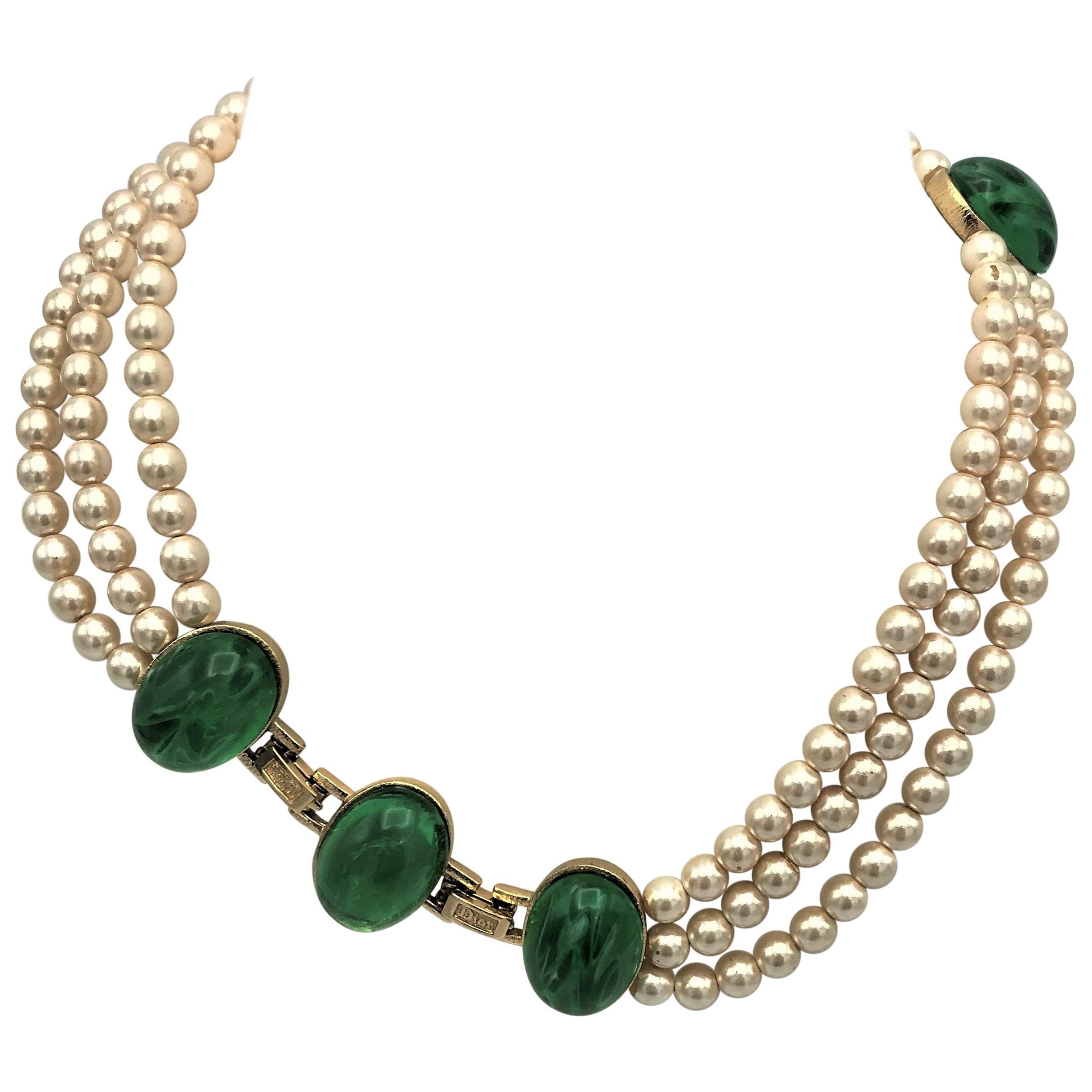 Vintage Christian Dior Necklace 1970-80 Faux Pearls with Green Gripoix