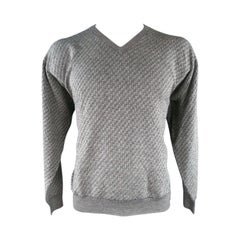 BRIONI Size XL Black & White Woven Pattern Wool V Neck Pullover
