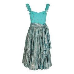 1977 Thea Porter Couture Metallic Blue Embroidered Silk-Lame Peasant Dress Set 9