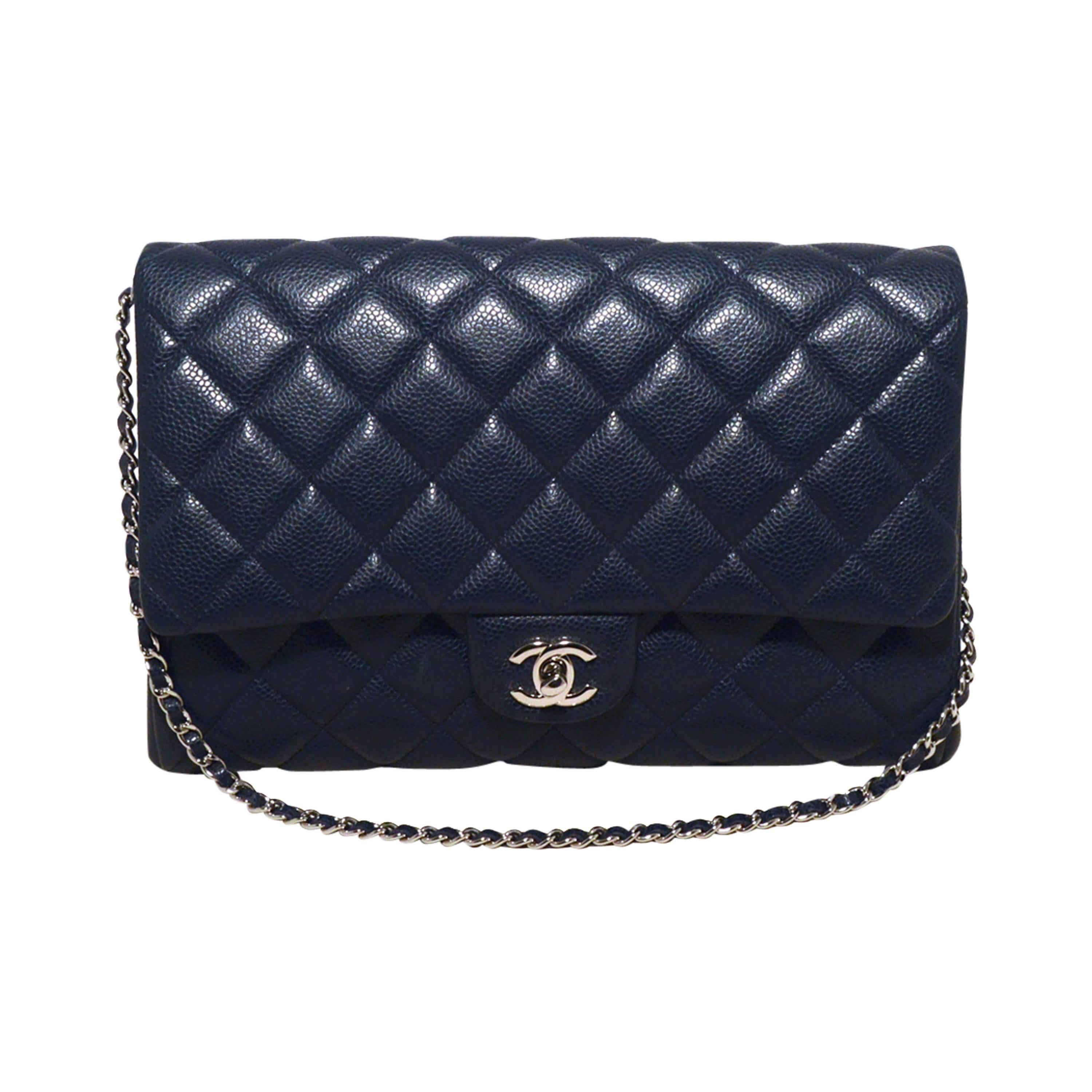 Chanel NWOT Navy Blue Classic Caviar Clutch with Chain Strap 