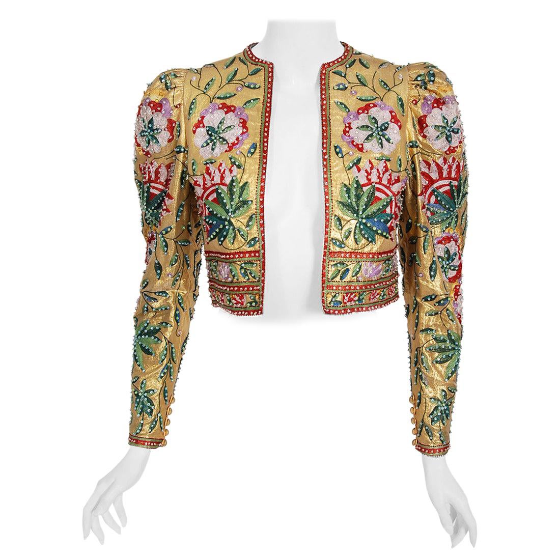 Archival 1979 Lanvin Haute Couture Embroidered Beaded Gold Lamé Cropped Jacket For Sale