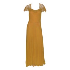 Vintage 1930's Golden Yellow Crochet Long Gown Great Back Detail