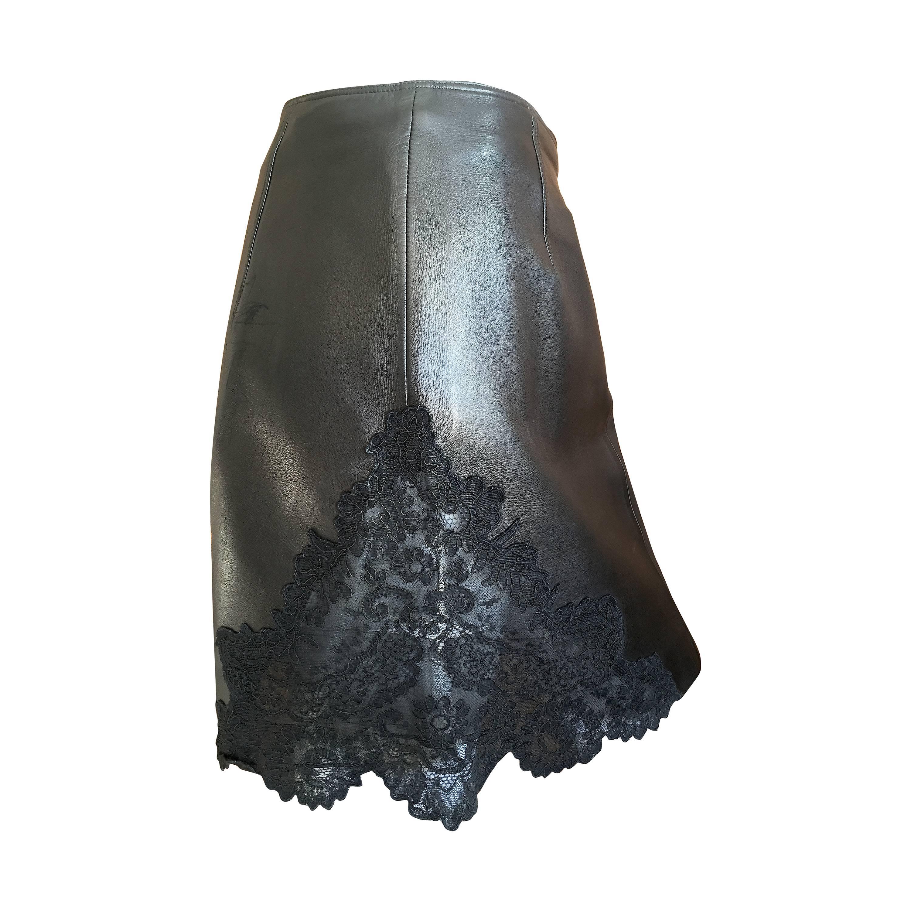 Gianni Versace Black Leather and Lace Skirt 
