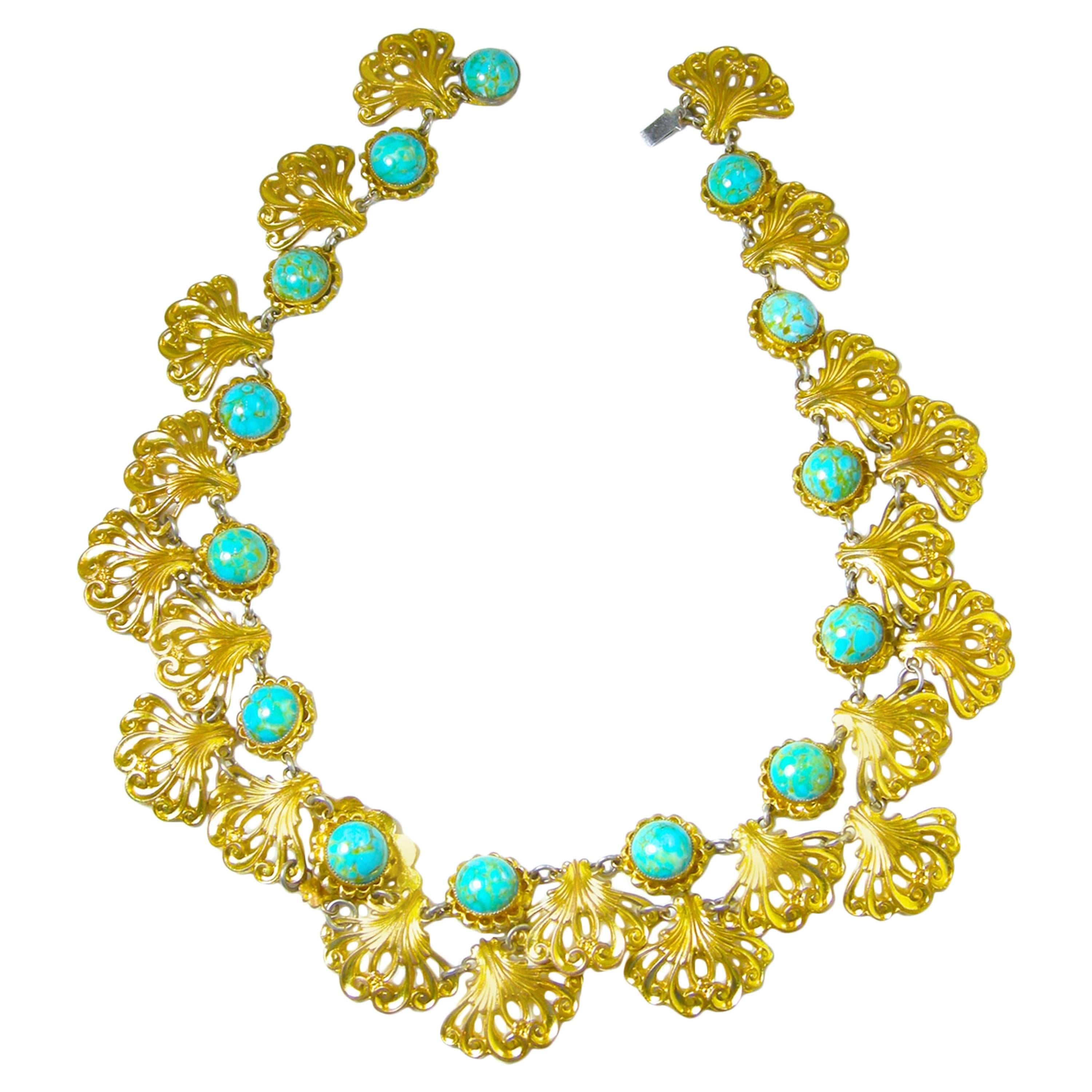 Vintage 30s Gold Turquoise Tone Seashell Necklace