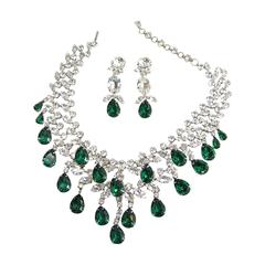 Vintage All Signed Schreiner Green Crystal Bib Necklace And Earrings Set