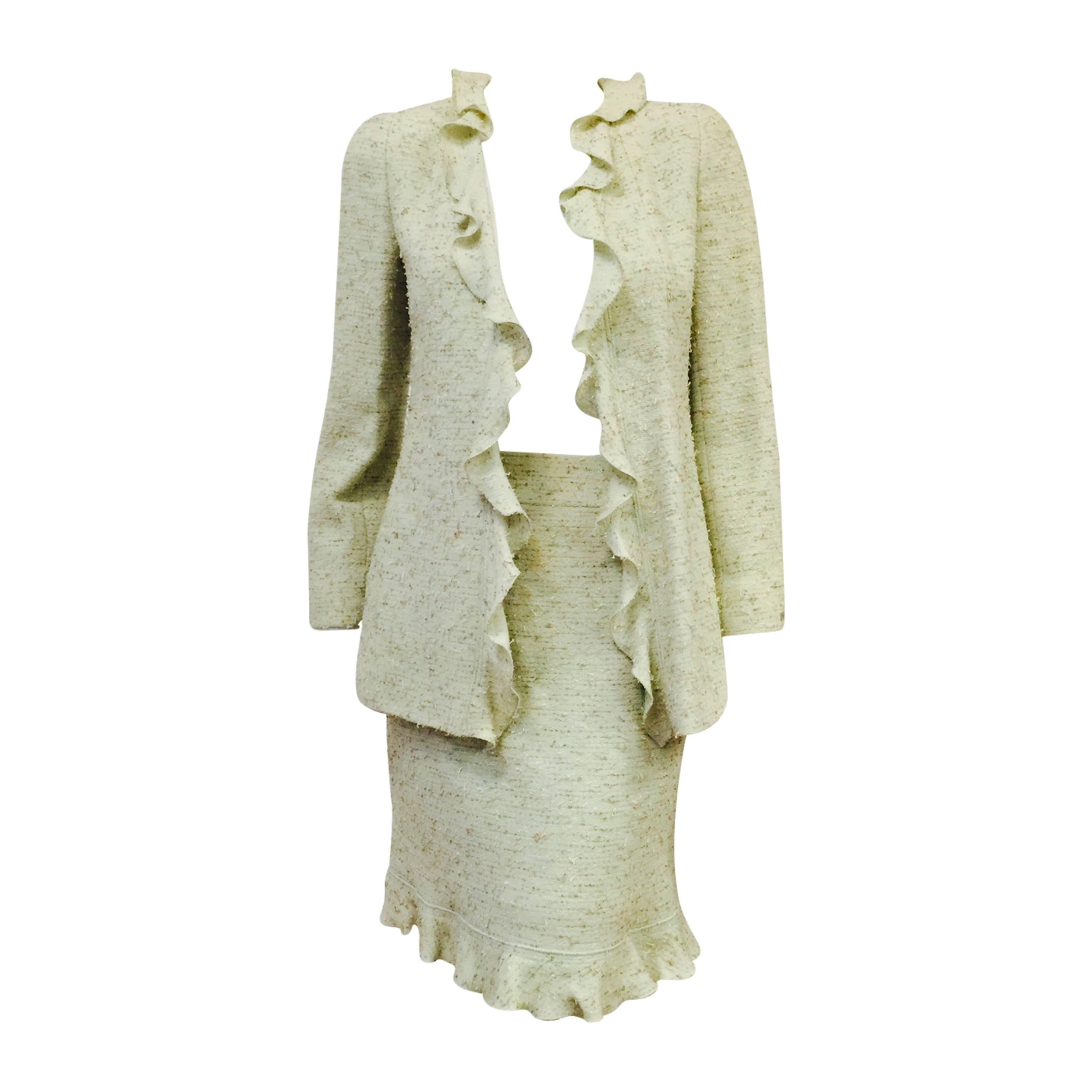 Chanel 1999 Fall Tweed Wool Blend Suit With Ruffles   For Sale