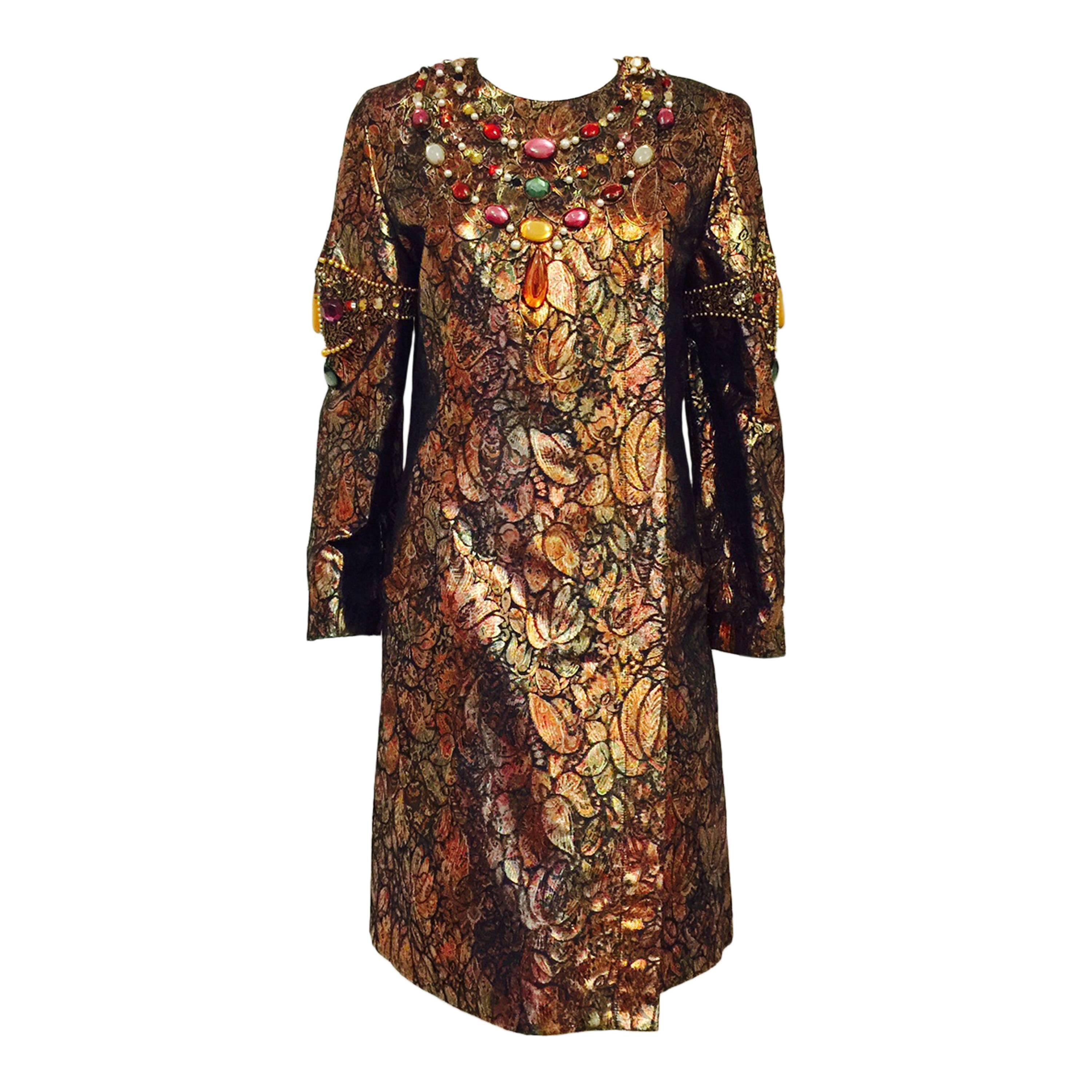 Vintage Krizia Bejeweled Metallic Silk Brocade Evening Coat Dress 