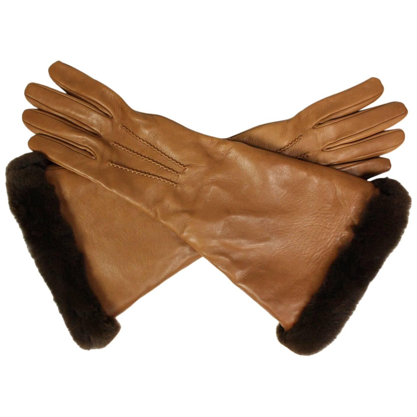 Hermes Lambskin Gauntlet Gloves with Fur Trim