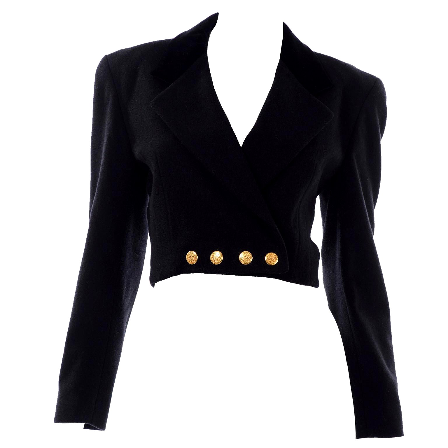 Vintage Escada Black Cashmere Blend Cropped Blazer Jacket With Gold Buttons