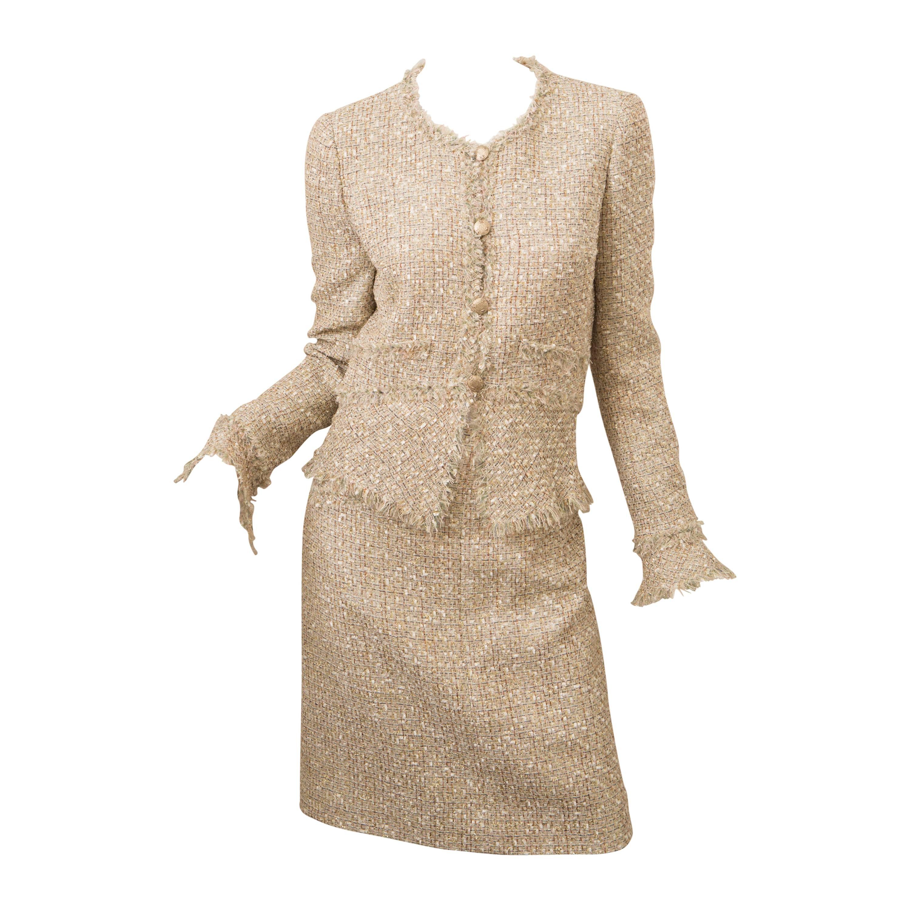 Chanel Two Piece Metallic Tweed Skirt Suit