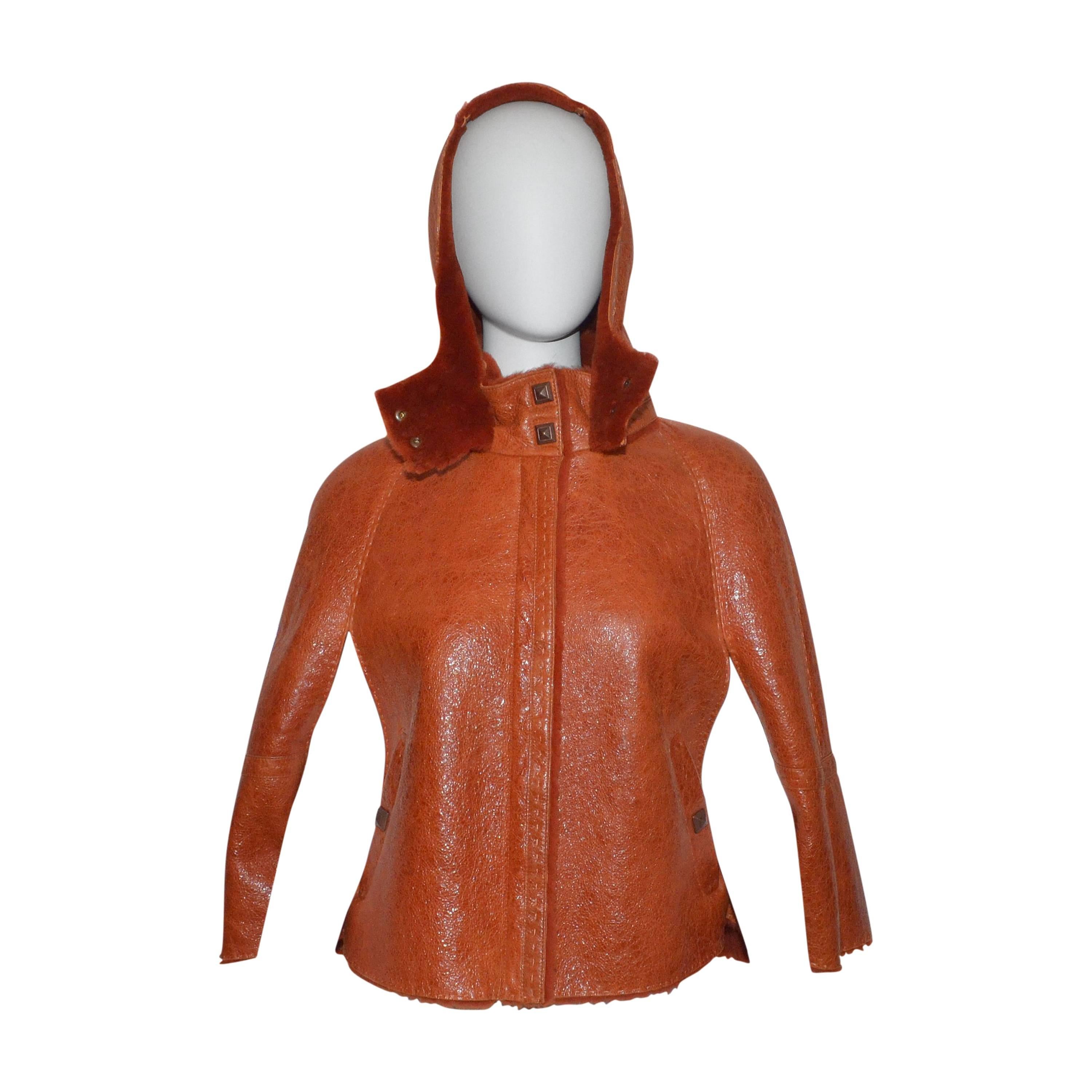 Pumpkin Shearling Fur Cape with Hood by Escada