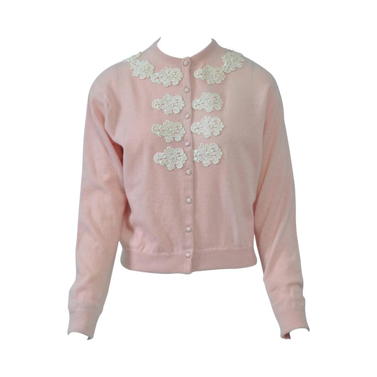 Pink Cashmere Cardigan with Lace Appliqués For Sale at 1stDibs