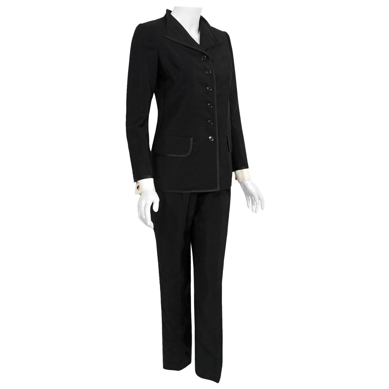 Vintage 1968 Yves Saint Laurent Le Smoking Tuxedo Black Gabardine Pant Suit