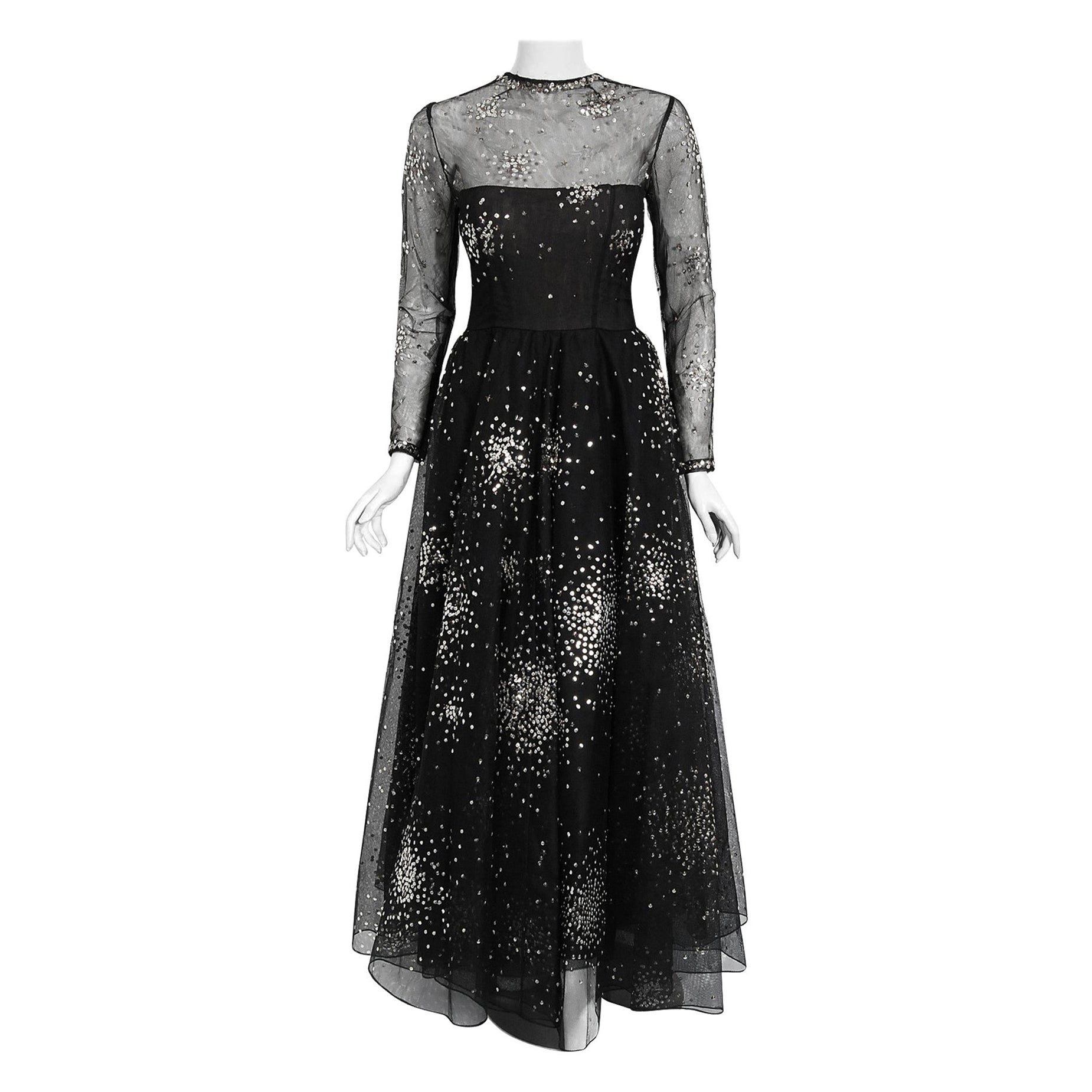 Vintage 1960 Norman Norell Sequin Star Novelty Black Sheer Illusion Tulle Gown