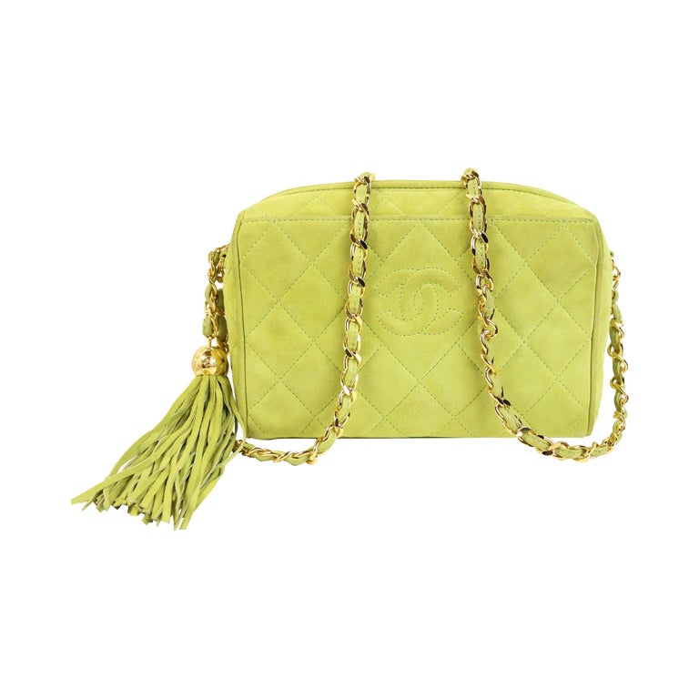 Vintage 90s Chanel Vintage Apple Green Quilted Suede Small Camera Tassel Bag  For Sale