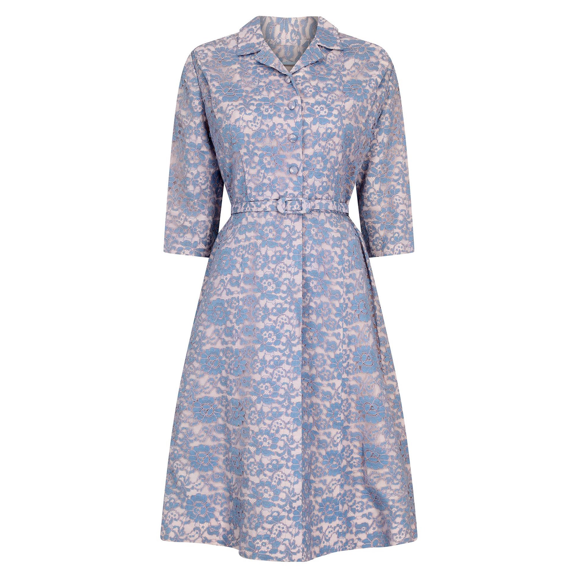1950s Blush & Blue Lace Belted Shirt Waister Dress For Sale