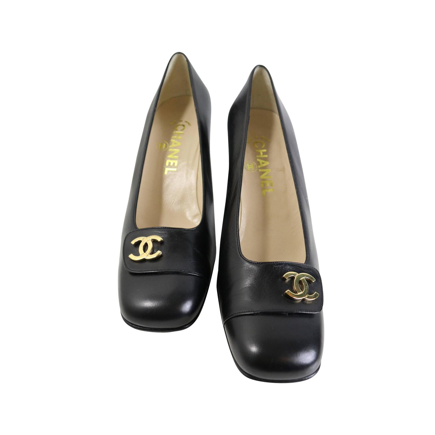 Chanel Classic Black Leather Square Toe Heels with Gold CC Logo For ...